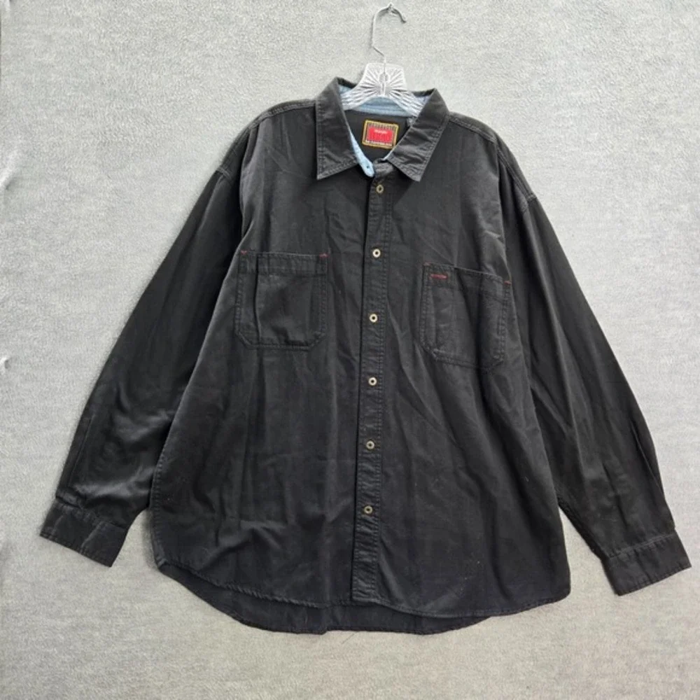 VINTAGE Wrangler Hero Men Button Up Shirt XL Black Pockets Long Sleeve Collar